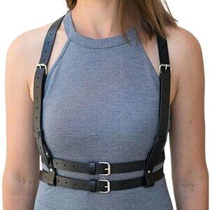 BLACK Leather Waist Shoulder Harness Garter Belt Waistband Slave Fetish Bondage
